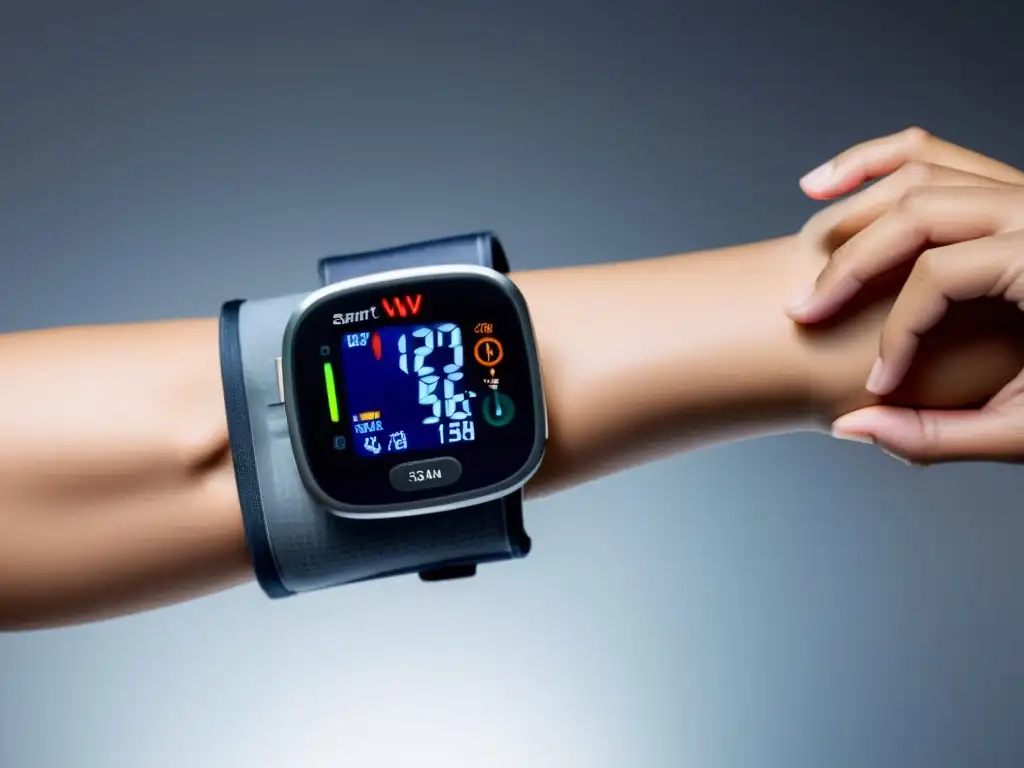 Monitor de presión arterial inteligente: bienestar en casa Un brazo con monitor de presión arterial, destaca su diseño moderno