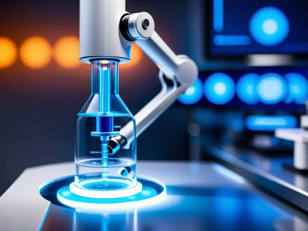 Robótica futurista examina muestra de laboratorio Un brazo robótico futurista, manejando un tubo de ensayo con líquido colorido en un laboratorio estéril con tecnología avanzada