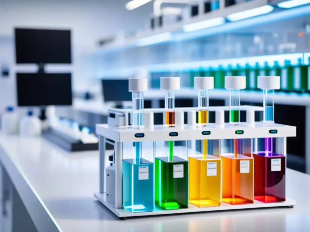 Robótica de vanguardia en laboratorio de inmunología Un brazo robótico de última generación pipetea líquido colorido en tubos de ensayo en un laboratorio blanco y plateado