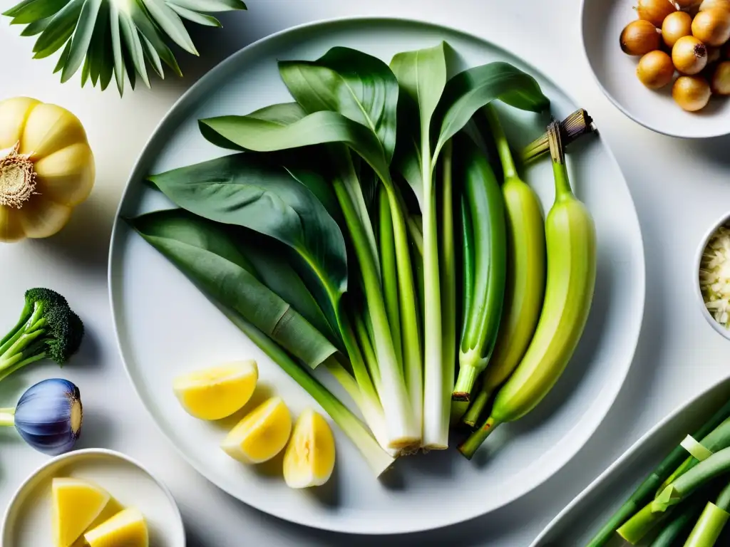 Selección de alimentos prebióticos: colores, texturas y vitalidad Una brillante variedad de alimentos ricos en prebióticos, como plátanos, ajo, cebolla, puerros, espárragos y achicoria, dispuestos de manera llamativa en un elegante plato blanco