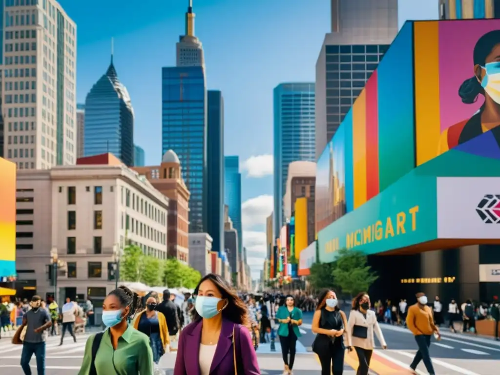 Vida urbana multicultural con mascarillas: inmigración y salud pública Una bulliciosa calle de la ciudad con diversidad de personas usando mascarillas, mostrando la intersección de la inmigración y la salud pública en un entorno urbano moderno