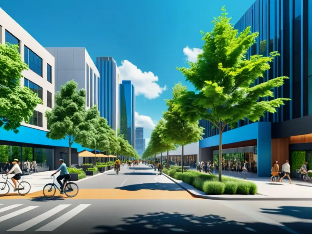 Vitalidad urbana: gente, edificios y naturaleza en la ciudad Una bulliciosa calle de la ciudad con modernos edificios, gente caminando y árboles verdes