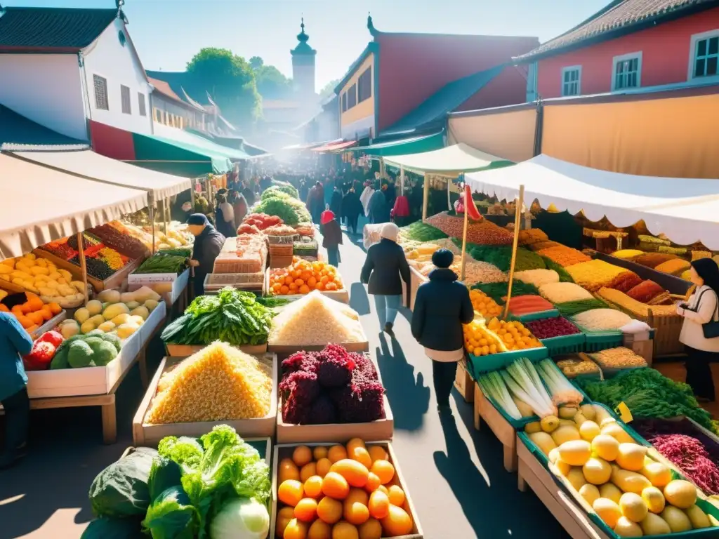 Mercado vibrante con alimentos probióticos y prebióticos Un bullicioso mercado con frutas, verduras y alimentos fermentados