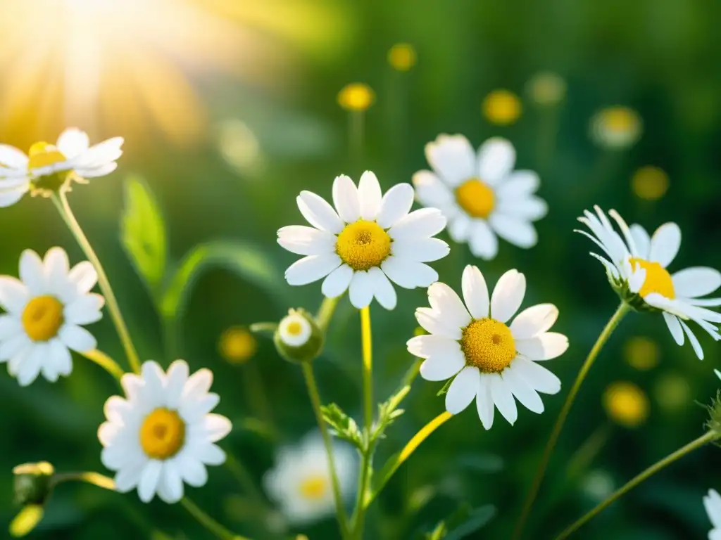 Campo de Manzanilla: Belleza Natural en Detalle Un campo vibrante de manzanilla en plena luz del sol, con abejas y mariposas