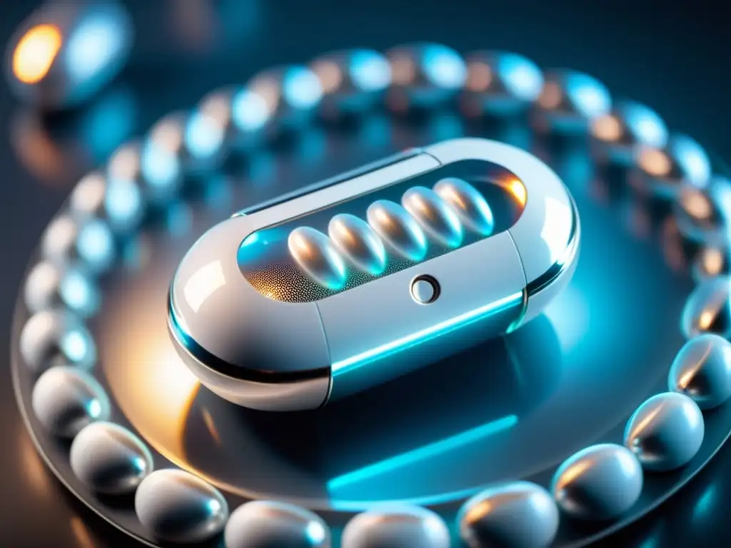 Avanzada cápsula inmunológica con ADN holográfico Una cápsula futurista con proyección holográfica de ADN, emitiendo energía