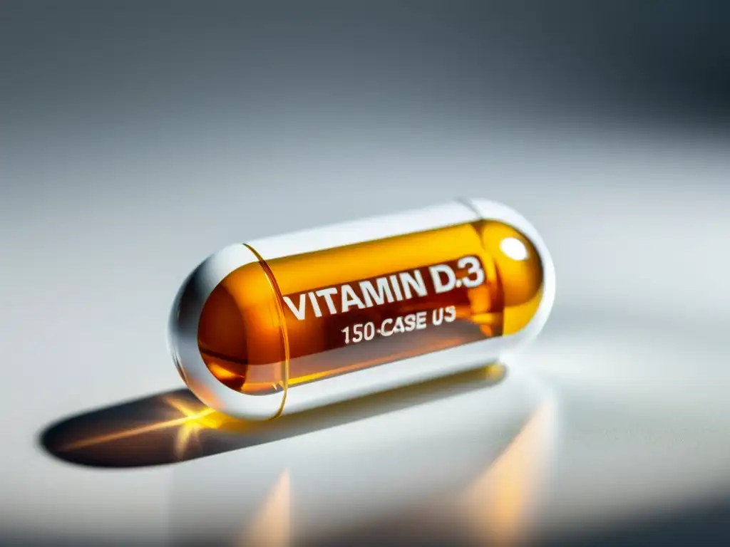 Una cápsula de vitamina D3 en primer plano, con detalles nítidos y etiqueta visible