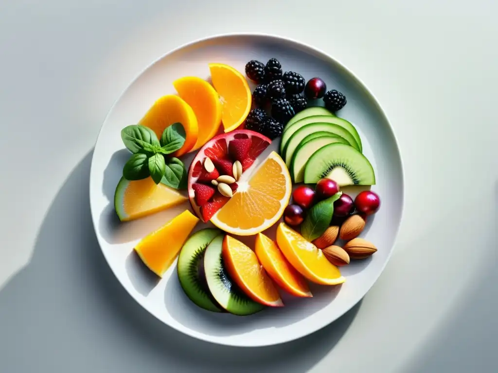 Plato inmunoestimulante de ingredientes naturales Una cautivadora imagen de una variedad de frutas, verduras, frutos secos y semillas dispuestas en un patrón circular en un elegante plato blanco