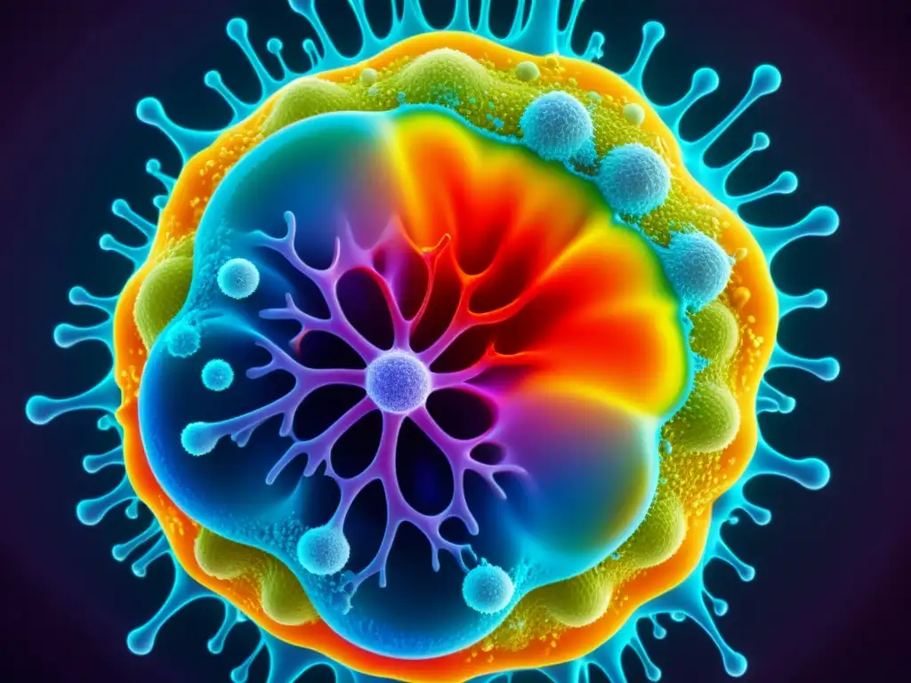 Interacción hormonal en célula inmune estresada Una célula inmune estresada rodeada de moléculas hormonales, mostrando la compleja relación entre estrés psicológico y enfermedades autoinmunes