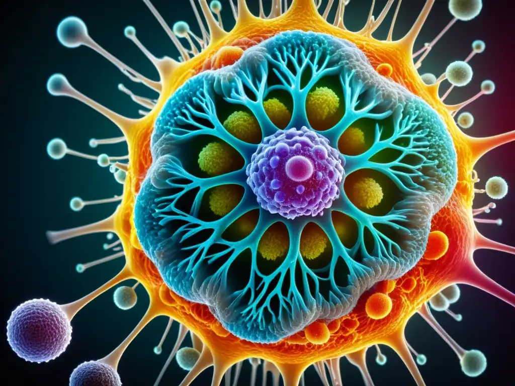 Resiliencia celular ante el cambio climático Una célula inmune humana vibrante y resiliente bajo un microscopio, desafiando el impacto del cambio climático en enfermedades infecciosas