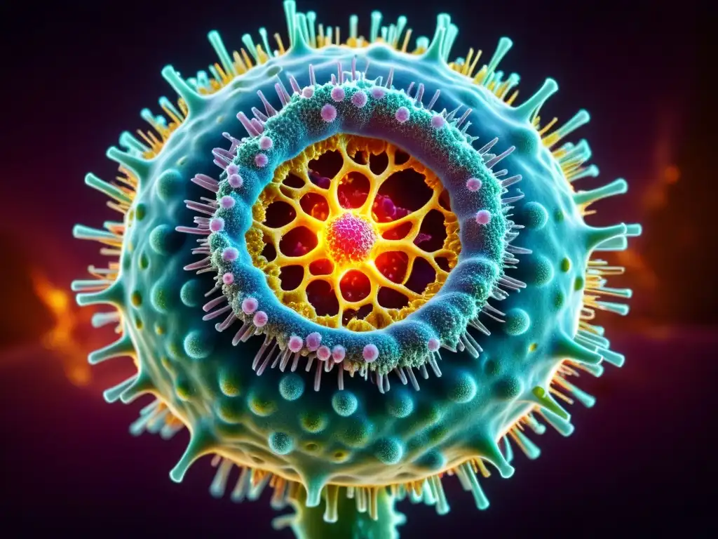 Batalla épica: célula inmune destruyendo virus Una célula inmune humana destruyendo un virus con colores vibrantes y detalles intrincados, resaltando el poder de fortalecer la inmunidad innata