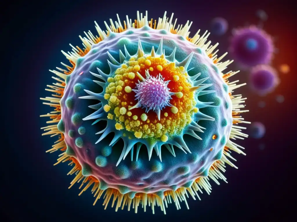 Defensa celular: Inmunidad omega3 ataca virus Una célula inmune neutraliza un virus con detalles ultrarrealistas, destacando los beneficios del omega 3 en el sistema inmunológico