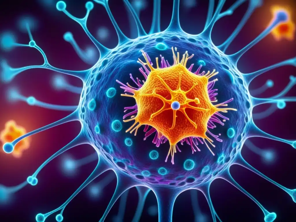 Complejidad inmunológica: célula inmune detallada Una célula inmunitaria bajo microscopio, con redes de receptores y proteínas