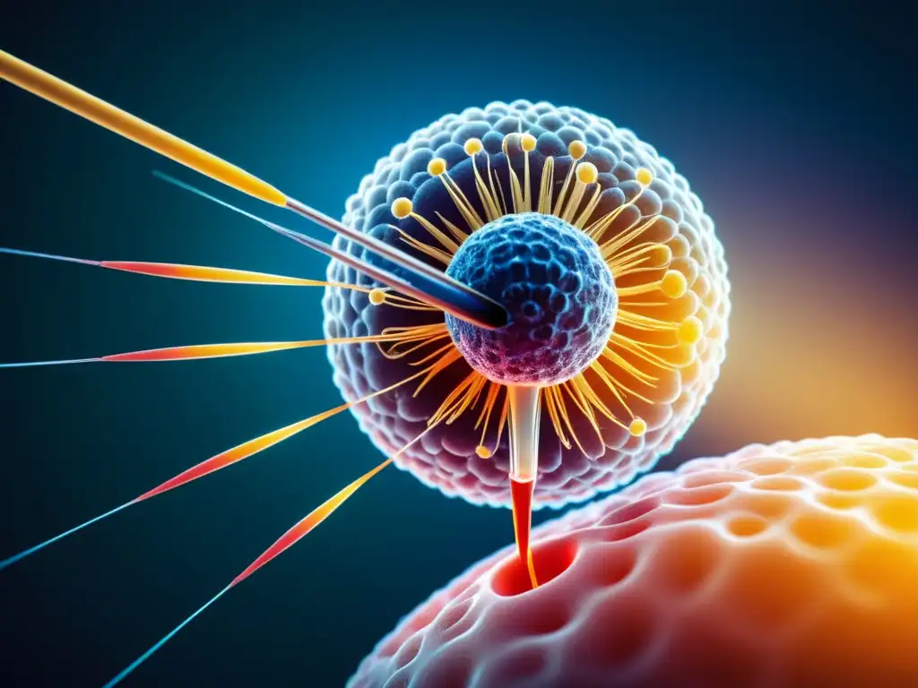 Interacción celular detallada con aguja de acupuntura Interacción de célula del sistema inmune con aguja de acupuntura, destacando detalles precisos y conexión entre acupuntura y cuerpo a nivel molecular