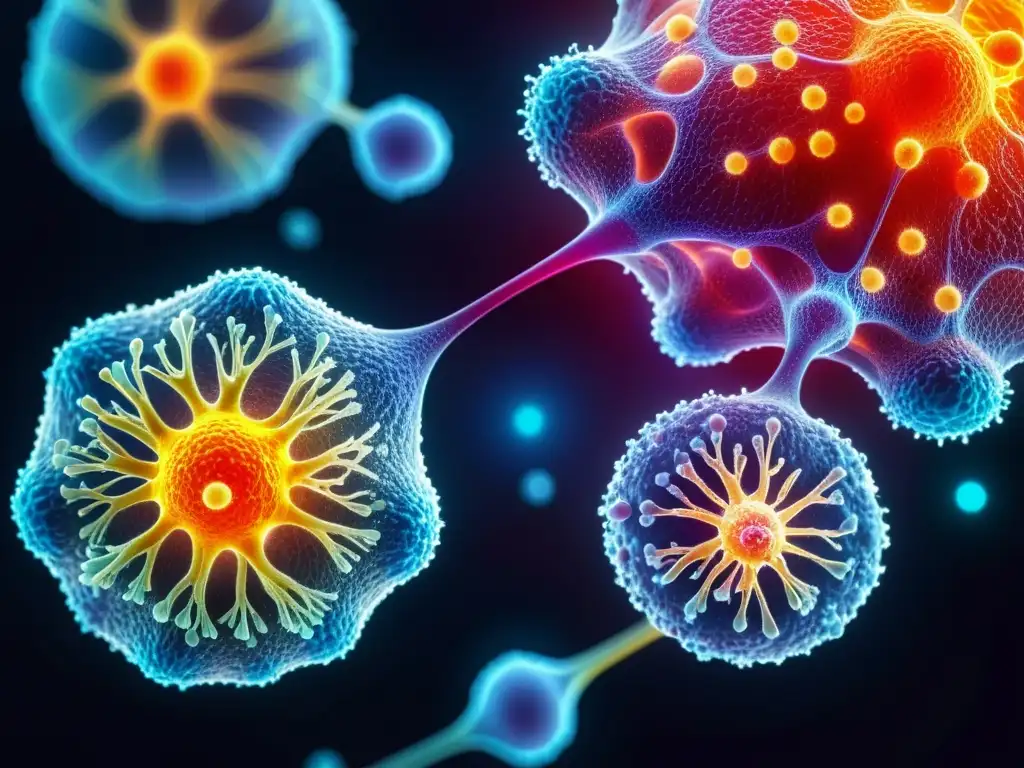 Innovación biotecnológica: Interacción de células inmunes artificiales y naturales Interacción de tecnología y biología: células inmunes artificiales y naturales trabajan en armonía en el cuerpo humano, representando avances en tecnología sistemas inmunes artificiales