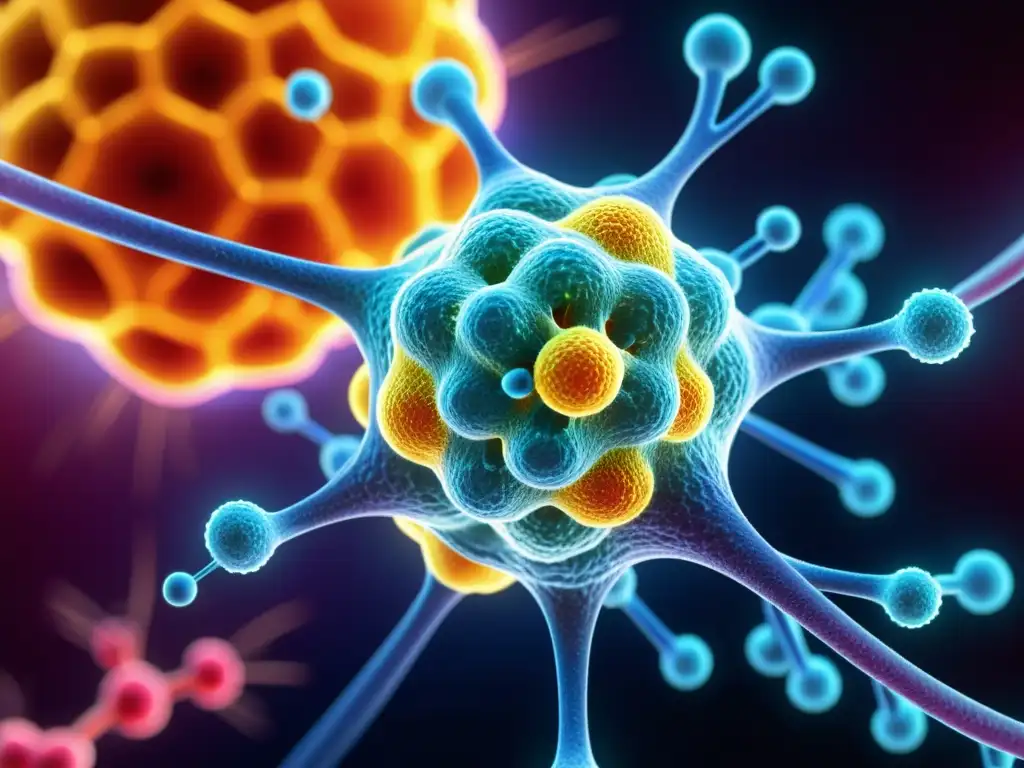 Interacción molecular del cortisol con células inmunitarias, ilustrando el impacto del cortisol en inmunidad con vibrante detalle científico