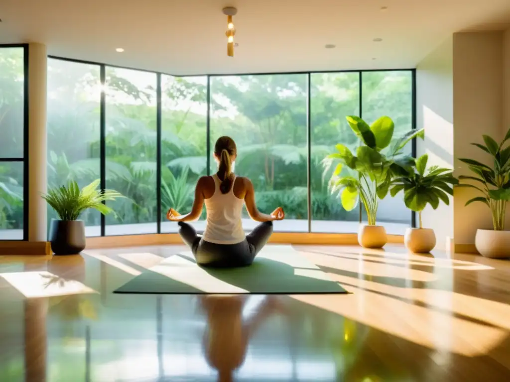 Centro de bienestar sereno con yoga y meditación Un centro de bienestar moderno con luz natural, plantas verdes y una clase de yoga, transmitiendo serenidad y bienestar
