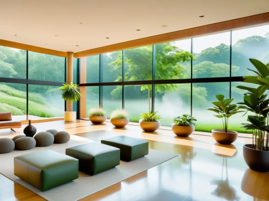 Un centro de bienestar moderno y sereno con vistas a un paisaje verde