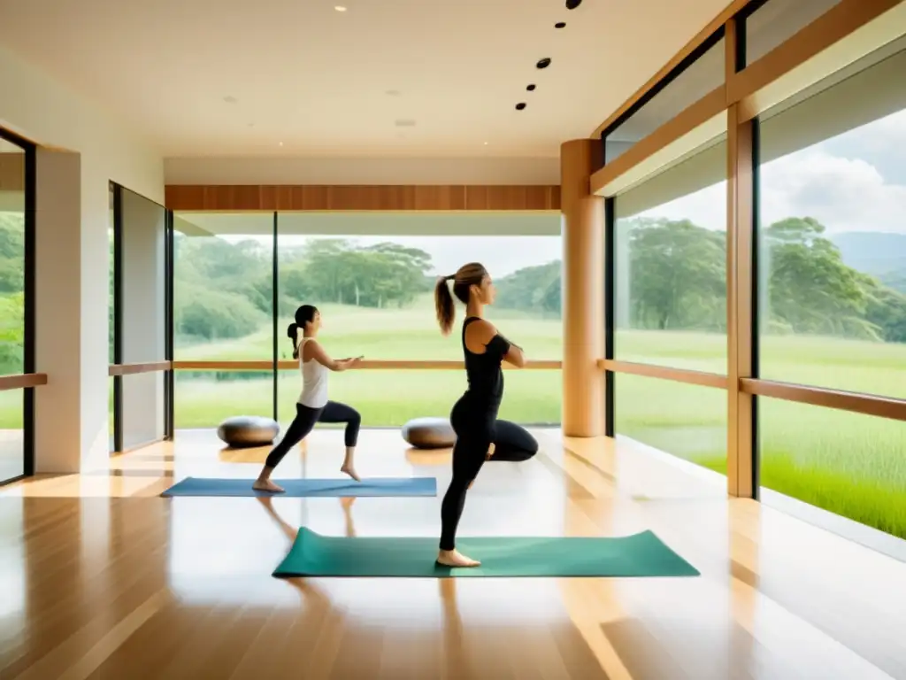 Centro de bienestar sereno y moderno con vista panorámica y yoga relajante Un centro de bienestar moderno y sereno con vistas a un paisaje verde exuberante