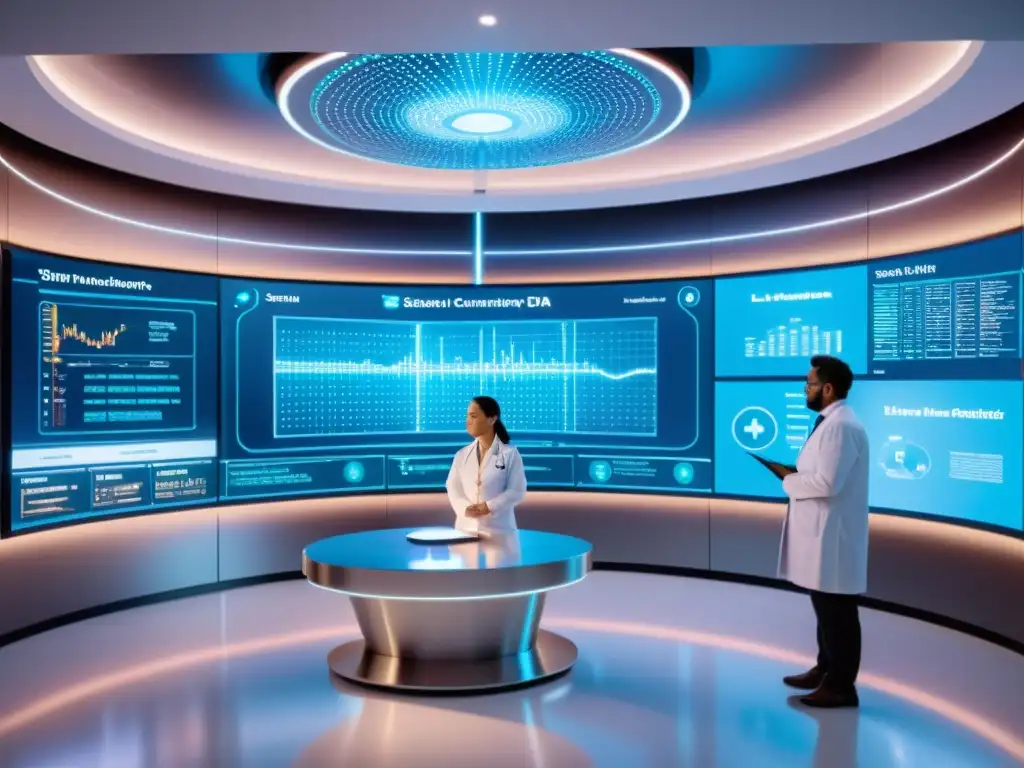 Centro médico futurista: IA y tratamiento inmunoterapéutico Un centro médico futurista con AI y científicos colaborando en inmunoterapias dirigidas por datos