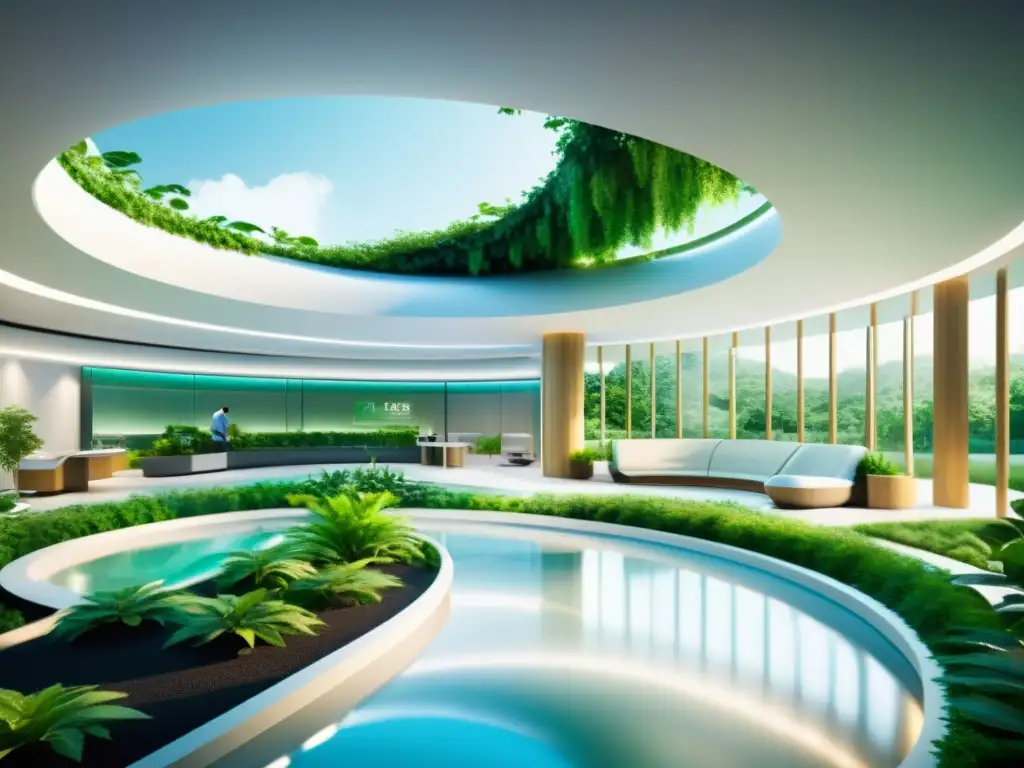 Facilidad médica futurista: inmunología innovadora Un centro médico futurista con tecnología avanzada integrada al diseño, rodeado de vegetación exuberante