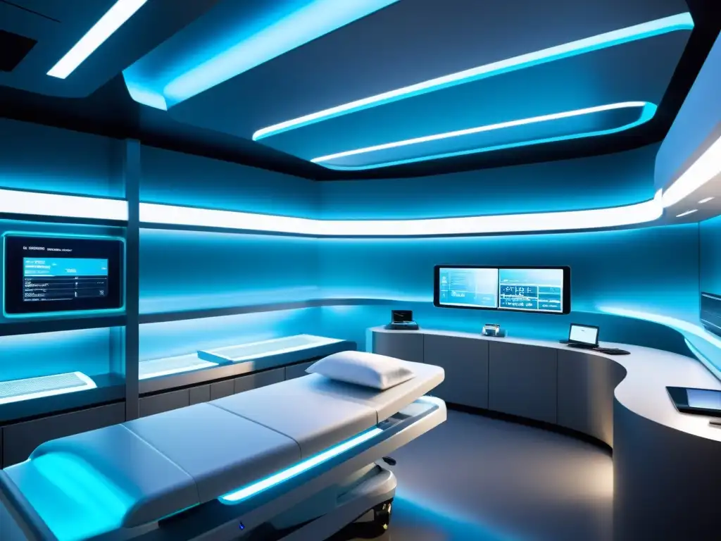 Instalación médica futurista con tecnología avanzada para inmunología Un centro médico futurista con tecnología avanzada y cobertura de seguro para tratamientos inmunológicos, bañado en una luz etérea