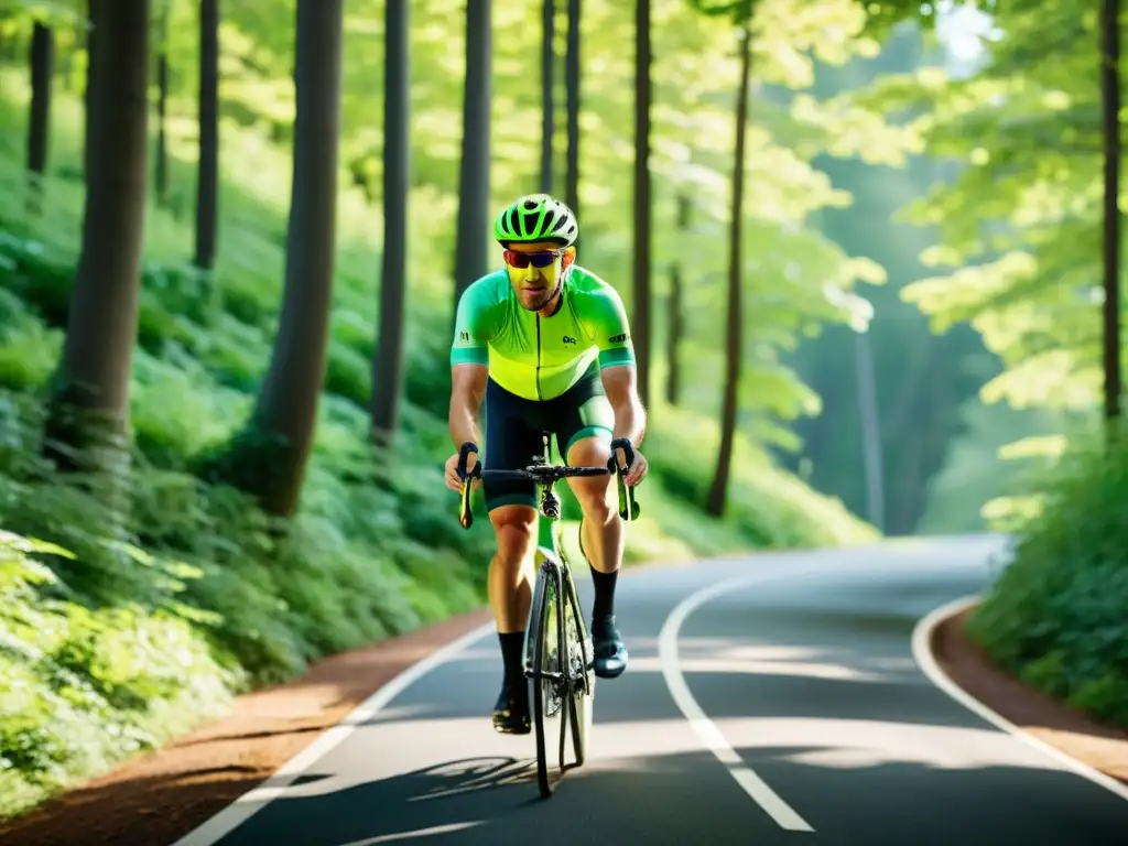 Exploración en Bicicleta: Naturaleza Vibrante Un ciclista recorre un exuberante bosque, con luz filtrándose entre las hojas
