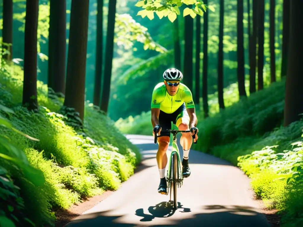 Épica travesía en bici por el bosque Un ciclista pedalea entre un exuberante bosque verde, fortaleciendo su sistema inmunológico mediante ciclismo
