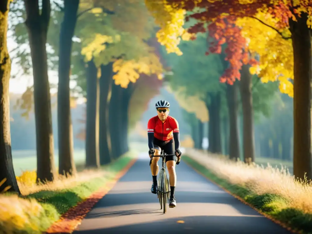 Ciclista en Otoño: Vitalidad y Libertad en la Naturaleza Un ciclista pedalea en un hermoso sendero rodeado de árboles con tonos otoñales