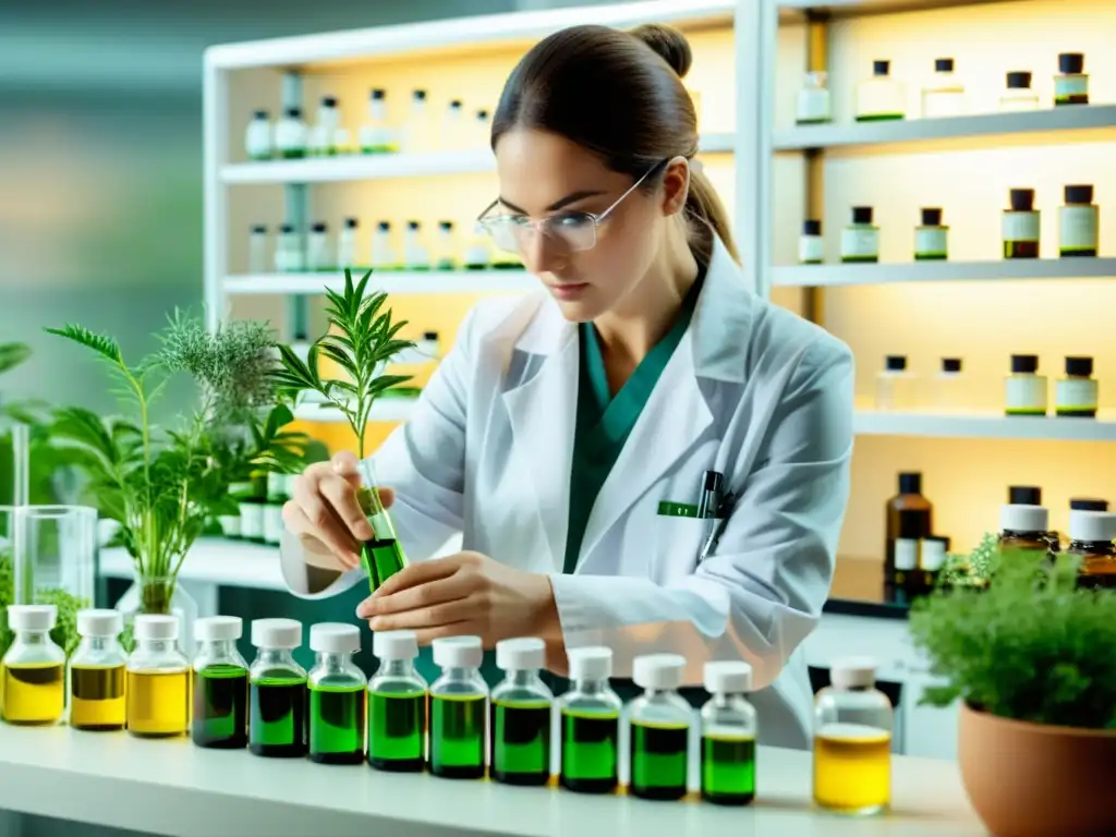 Extracción de aceites esenciales: precisión científica Un científico extrae cuidadosamente aceites esenciales de plantas en un laboratorio brillante y moderno