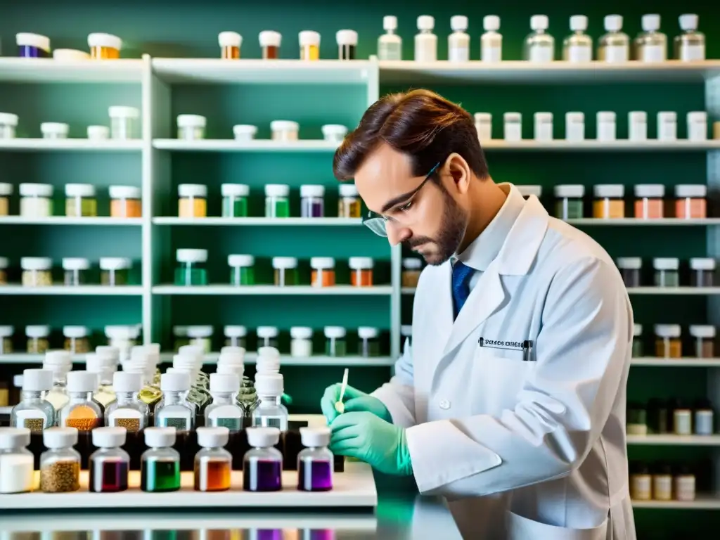 Un científico en bata blanca prepara cuidadosamente fórmulas homeopáticas complejas para inmunidad en un laboratorio lleno de detalles y precisión