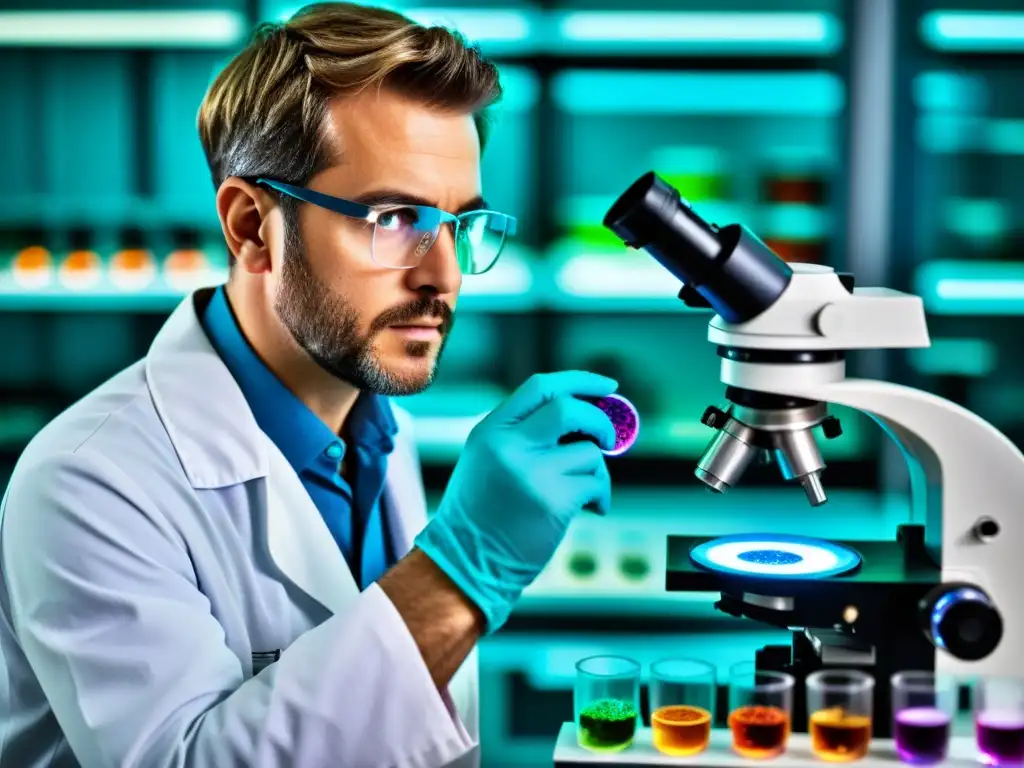 Exploración detallada de bacterias y virus en laboratorio Un científico en bata blanca examina detenidamente una placa de Petri con patrones coloridos de bacterias y virus bajo un microscopio