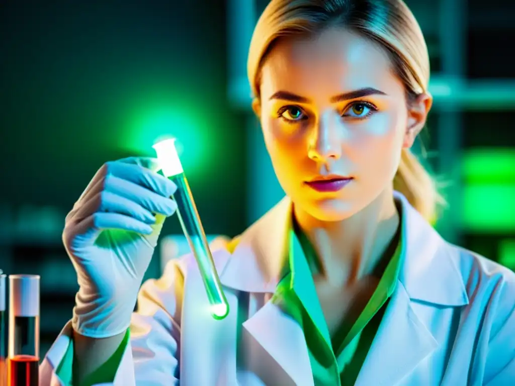 Un científico con bata blanca sostiene un tubo de ensayo con líquido fluorescente en un laboratorio de alta tecnología