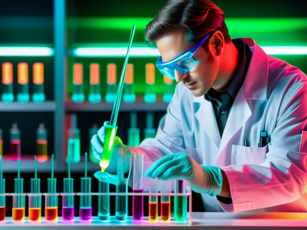 Experimento científico: Pipeteo en laboratorio moderno Un científico en bata de laboratorio pipetea un líquido brillante en un tubo de ensayo, con monitores y tecnología avanzada en el fondo