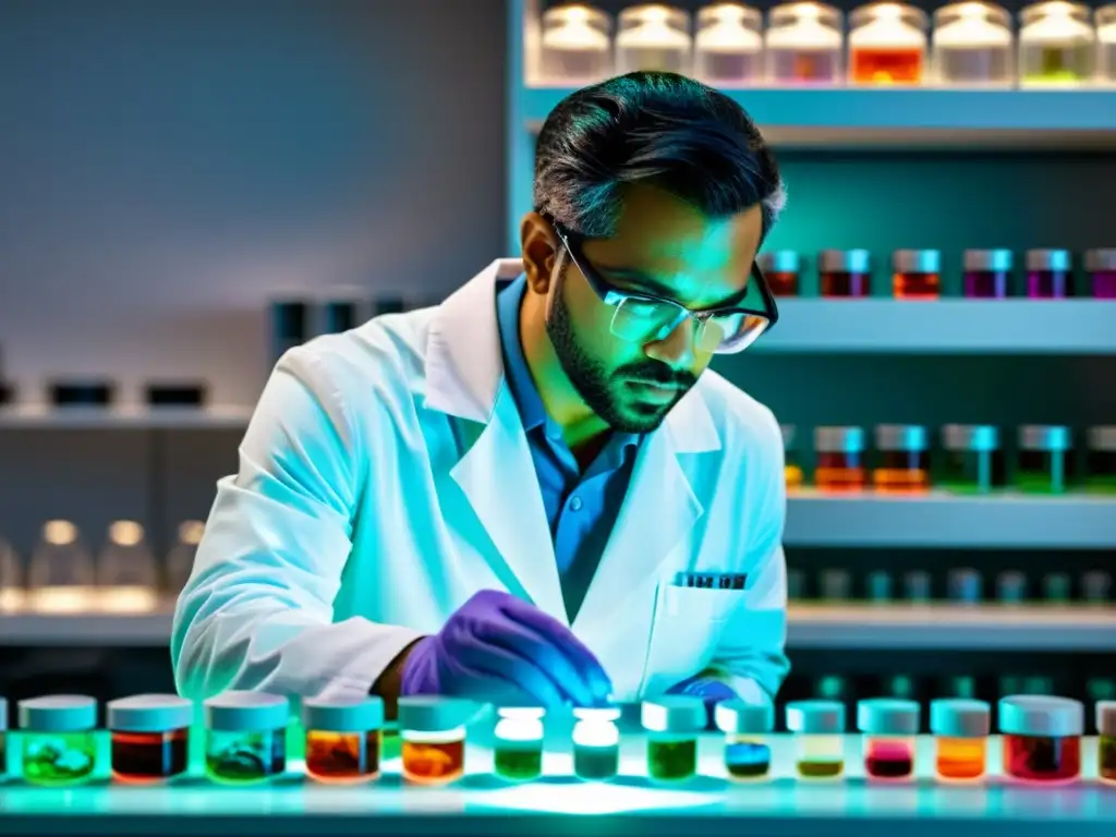 Investigación inmunológica: científico examina cultivos brillantes Un científico examina cultivos brillantes en un laboratorio, reflejando la vanguardia de los planes de salud para tratamientos inmunitarios