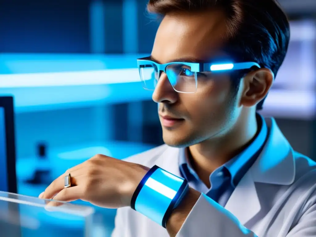 Científico con sensor moderno en laboratorio de vanguardia Un científico analiza datos en un laboratorio futurista, con un sensor wearable de alta tecnología en la muñeca