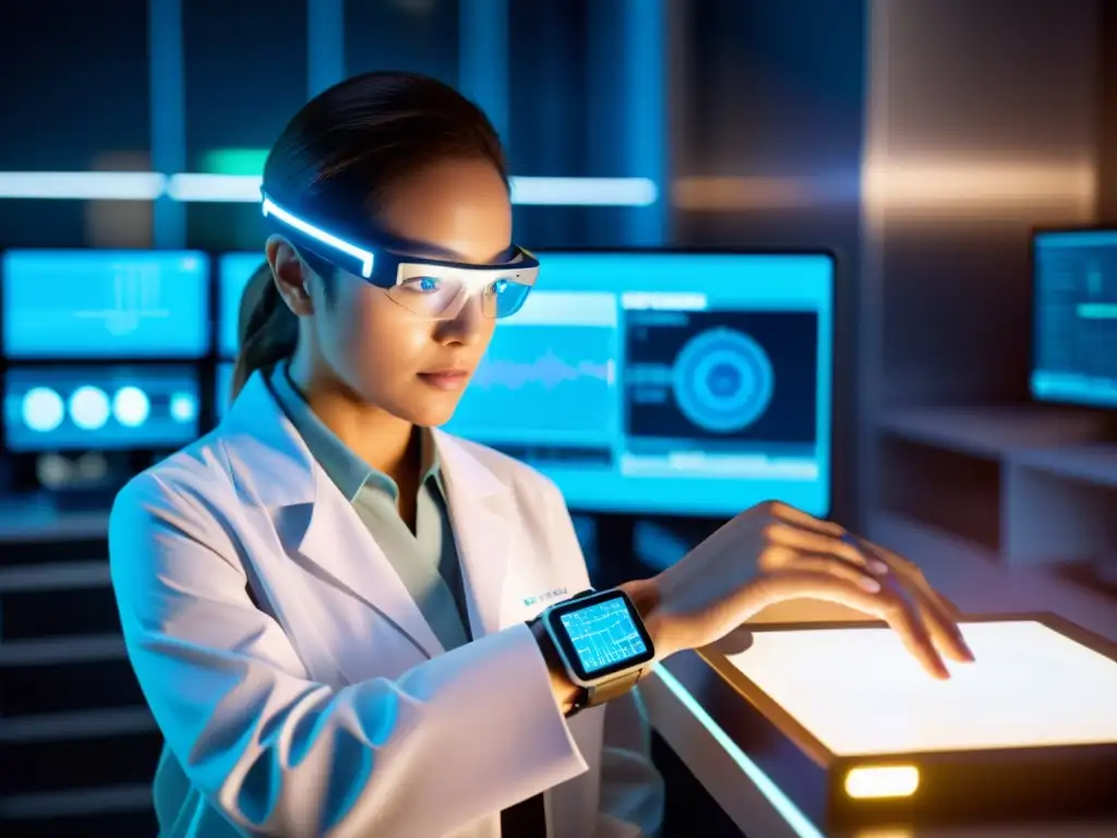 Investigación inmunológica con tecnología wearable Un científico analiza datos en un laboratorio futurista, con tecnología wearable avanzada