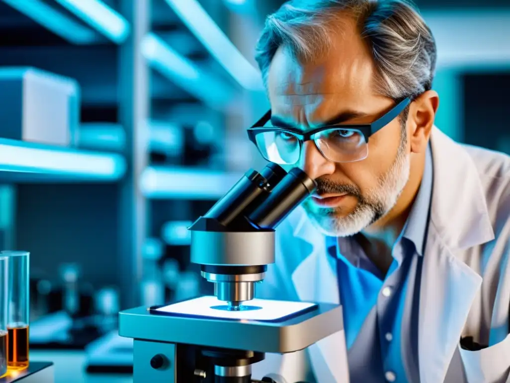 Exploración científica en laboratorio de vanguardia Un científico enfocado examina una muestra bajo el microscopio en un laboratorio moderno, rodeado de tecnología futurista