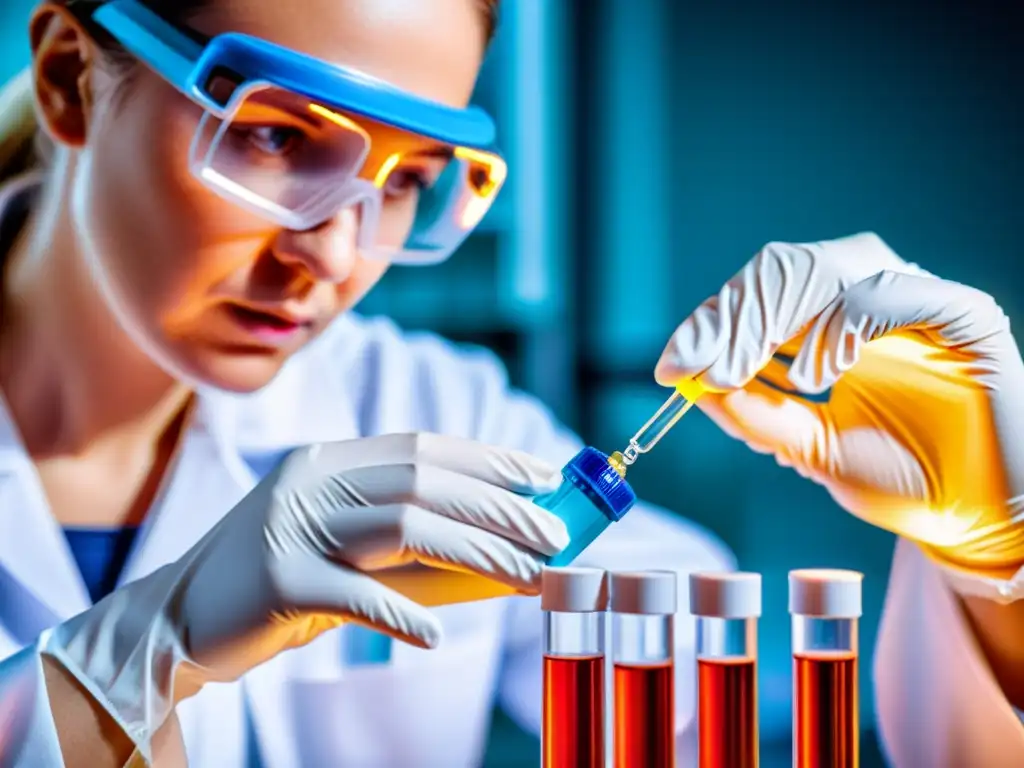 Un científico experto en un laboratorio de vanguardia, precisamente pipeteando una solución de vacuna