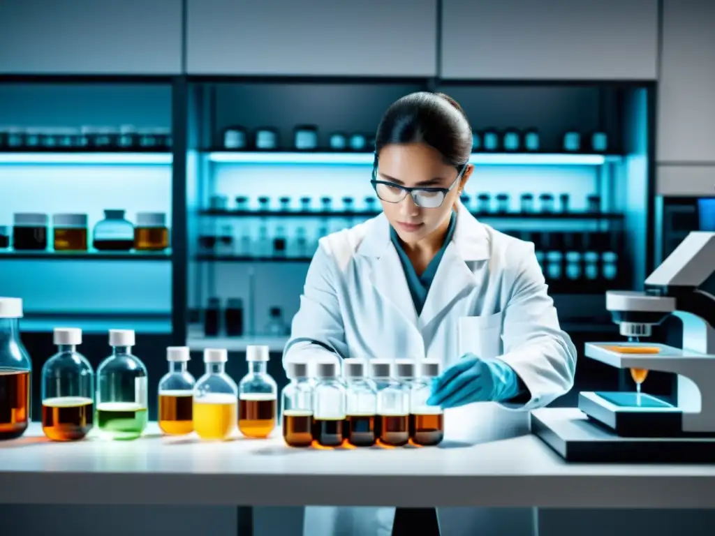 Creación de suplementos inmunológicos: laboratorio de precisión Un científico experto crea suplementos inmunológicos líquidos vs cápsulas en un laboratorio moderno y detallado, destacando precisión y expertise