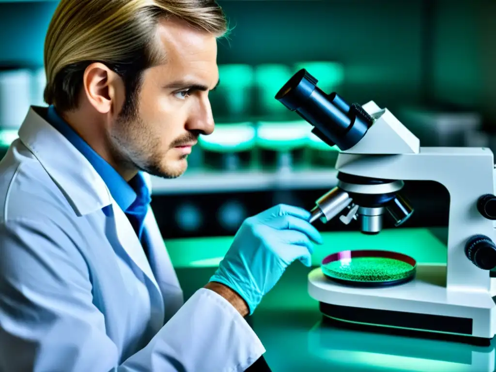 Un científico analiza extracto de Andrographis bajo microscopio en laboratorio moderno, destacando propiedades inmunoestimulantes