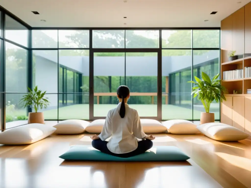 Espacio de meditación científica: la fusión de la mente y la investigación Un científico medita en una habitación minimalista con vista al jardín