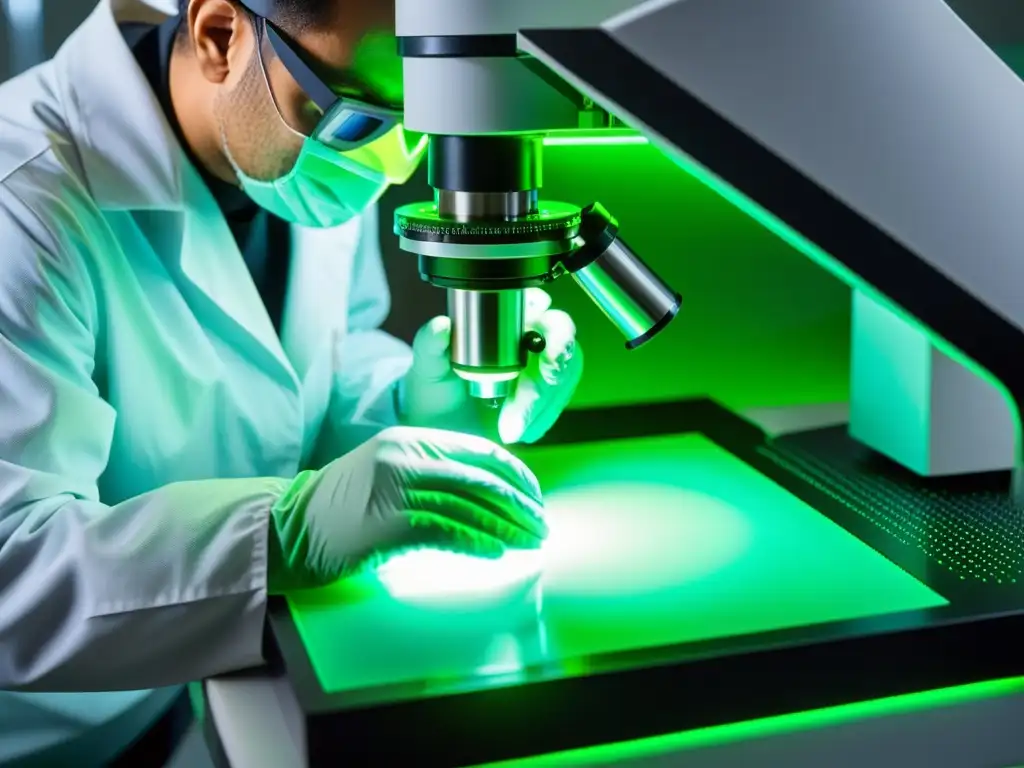 Manipulación precisa de ADN bajo microscopio Un científico manipula cuidadosamente una hebra de ADN bajo un microscopio, en un laboratorio futurista