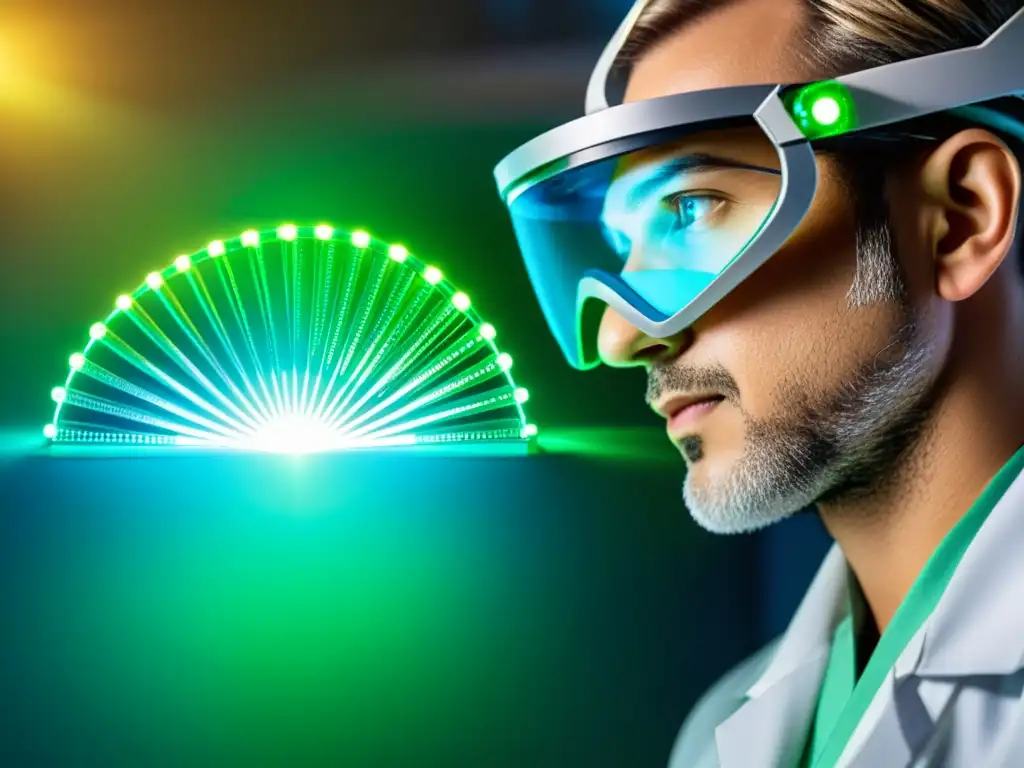 Edición de Genes: Avanzada Tecnología en Laboratorio Un científico manipula una herramienta de edición genética en un laboratorio futurista, modificando una hebra de ADN con detalles vibrantes
