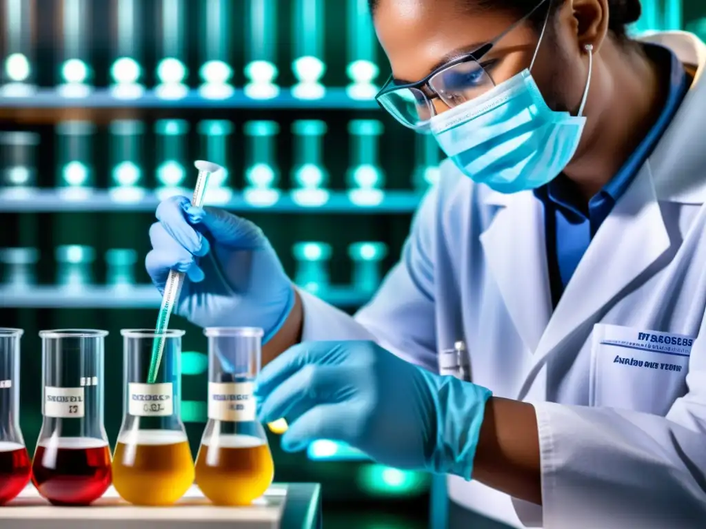 Experto en laboratorio mezcla adyuvantes para vacunas Un científico de laboratorio mide y mezcla adyuvantes en vasos de precipitados, mostrando la meticulosidad en el desarrollo de vacunas