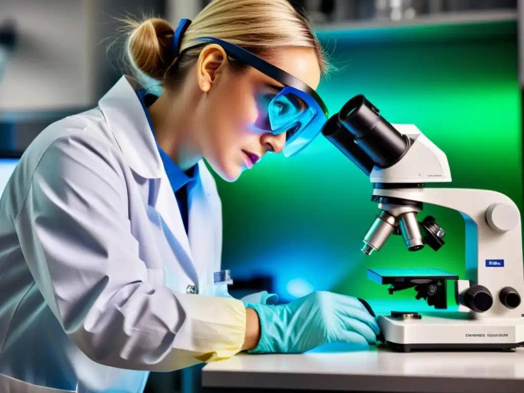 Exploración microscópica de estructuras celulares en laboratorio Un científico de laboratorio con protección examina células bajo microscopio, mostrando dedicación a la investigación del sistema inmunológico en el trabajo