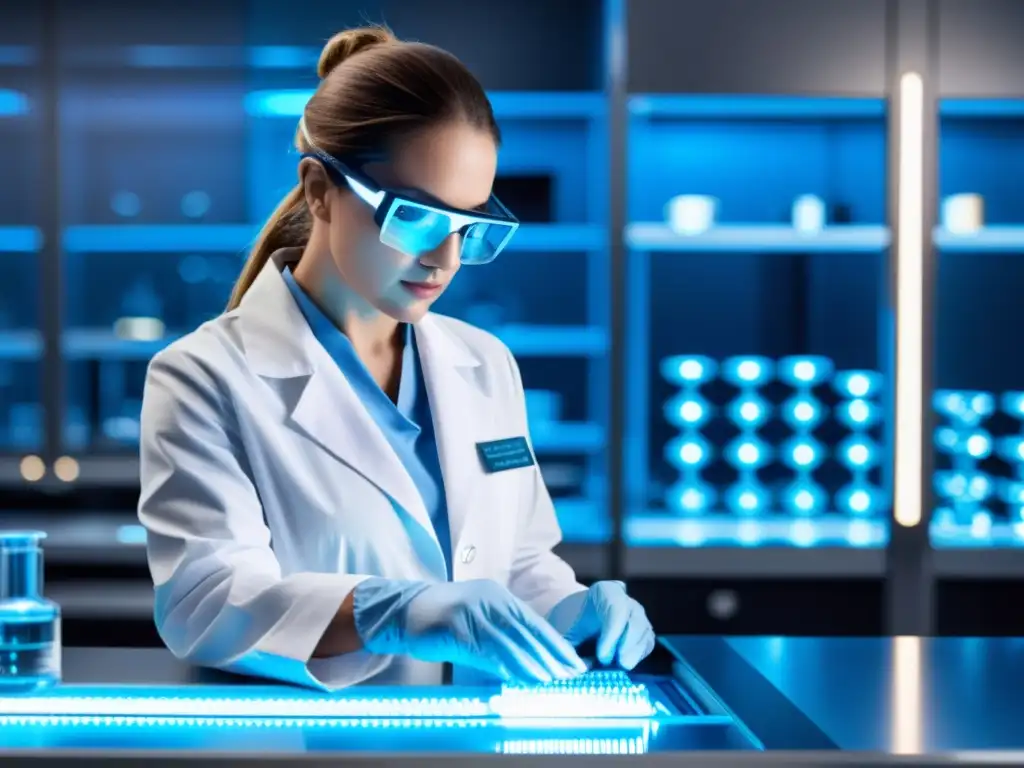 Avanzado laboratorio futurista de edición genética Un científico manipula ADN en un laboratorio futurista, rodeado de tecnología para terapia génica y fortalecimiento del sistema inmune