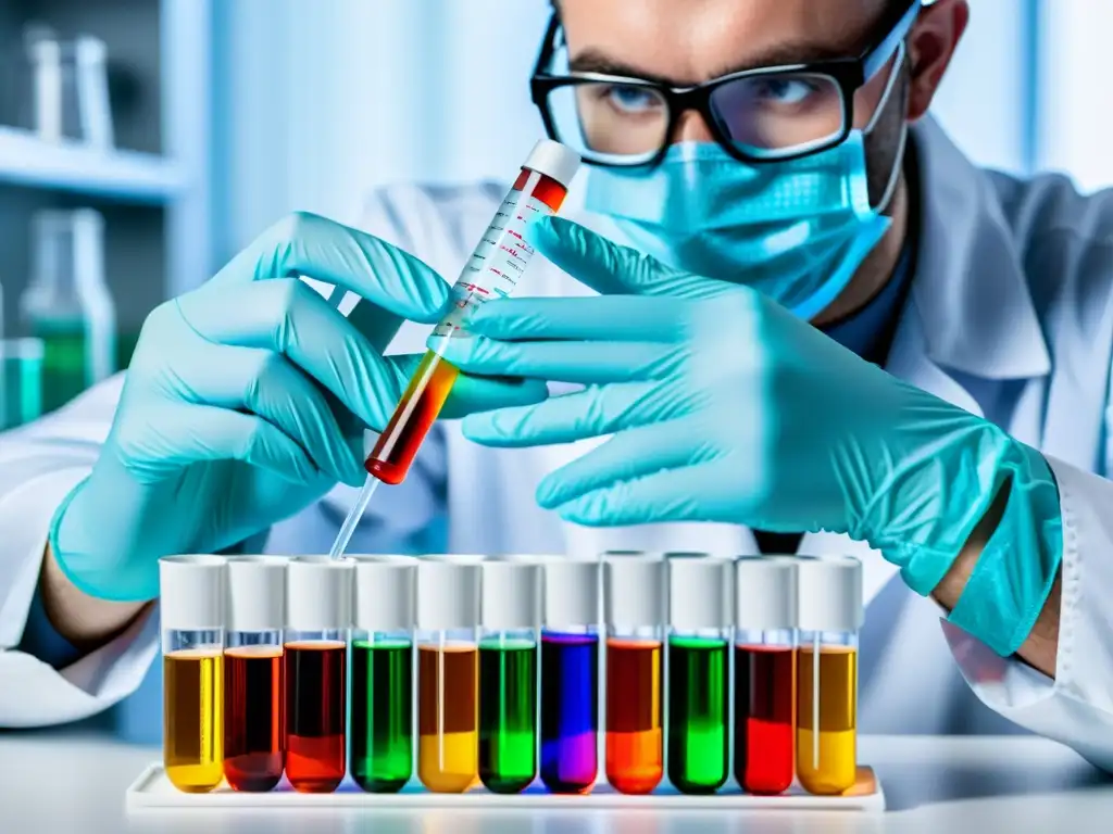 Experto en laboratorio pipeteando líquido translúcido en tubo de ensayo Un científico de laboratorio pipetea cuidadosamente un líquido colorido en un tubo de ensayo