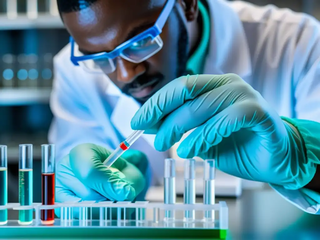 Desarrollo preciso de vacunas en laboratorio Un científico de laboratorio pipeteando líquido en un vial, destacando la precisión del desarrollo de vacunas y su papel en el sistema inmunológico