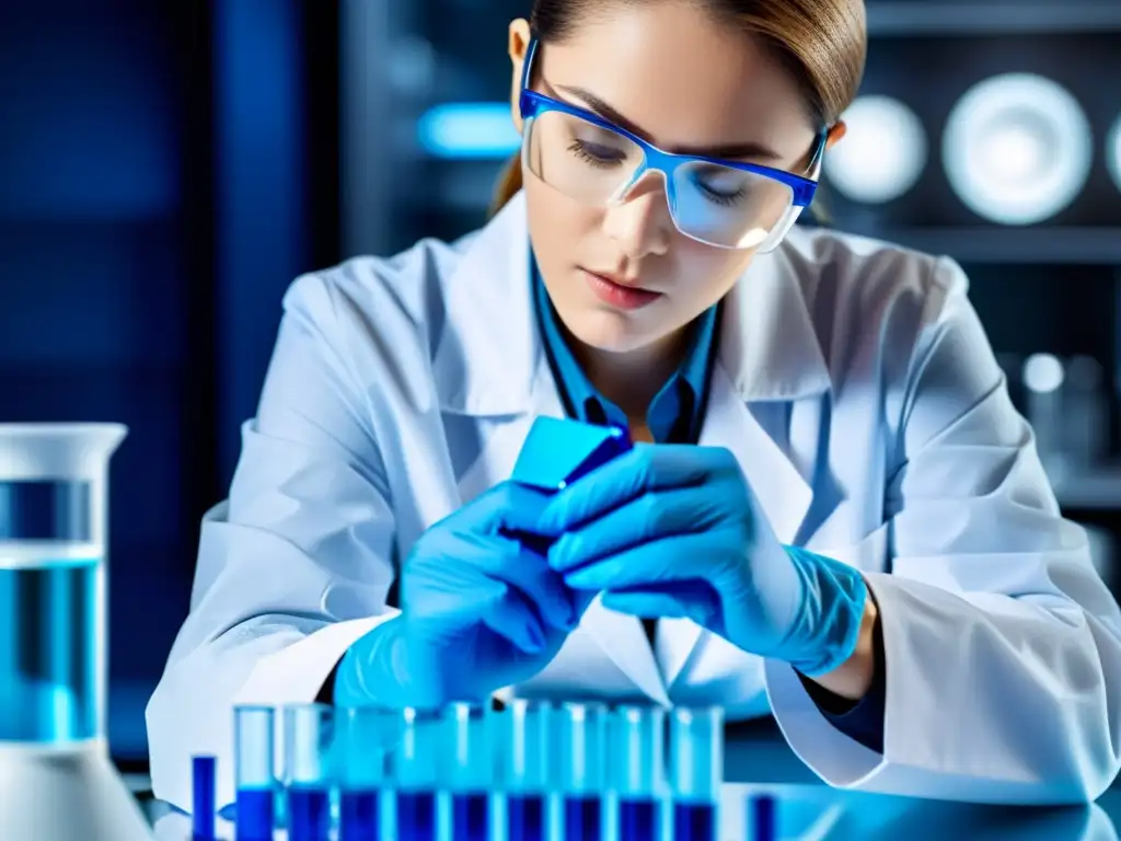 Experto en laboratorio preparando cápsulas con líquido azul Un científico en laboratorio llena cápsulas con un líquido azul para suplementos inmunológicos líquidos vs cápsulas