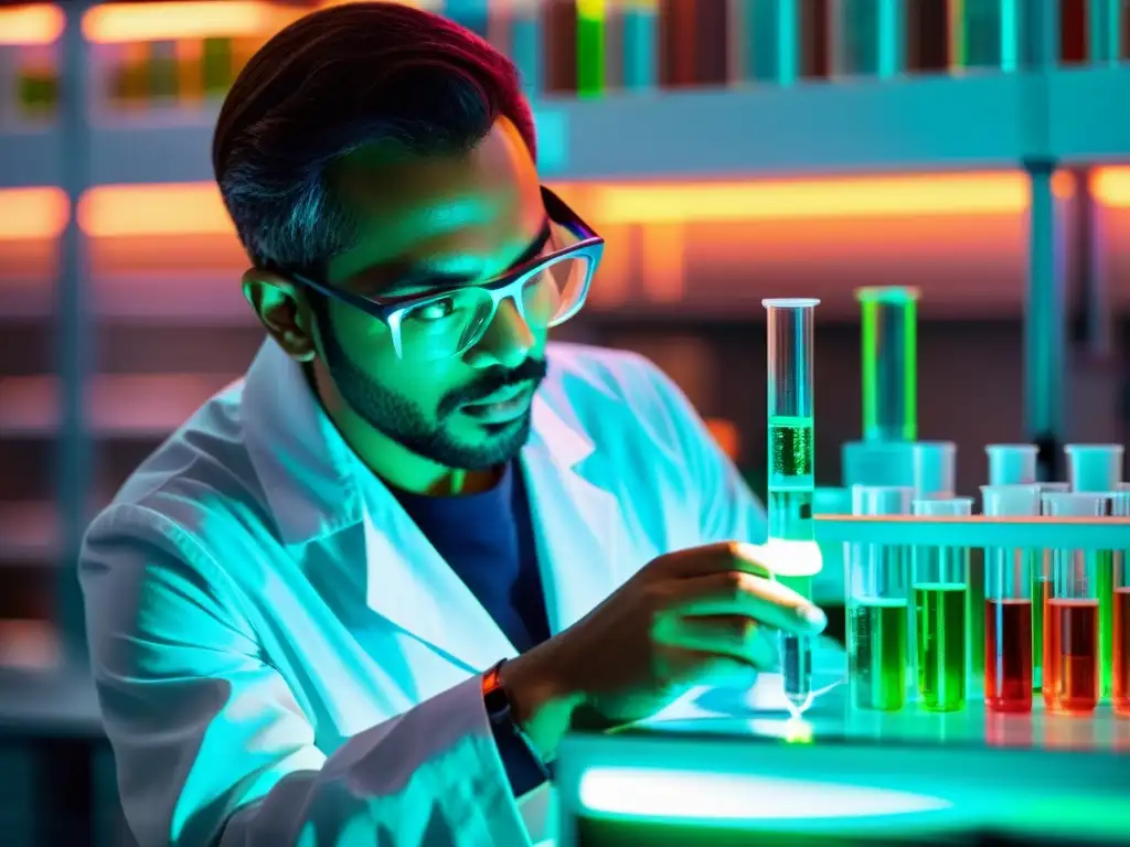 Un científico en un laboratorio moderno maneja con cuidado un tubo de ensayo con un líquido fluorescente